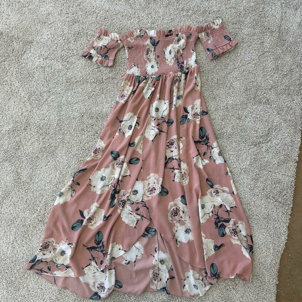 Off Shoulder Sz Small Smocked Chest Floral‎ Ruffle Maxi Dress Wrap Style Pink